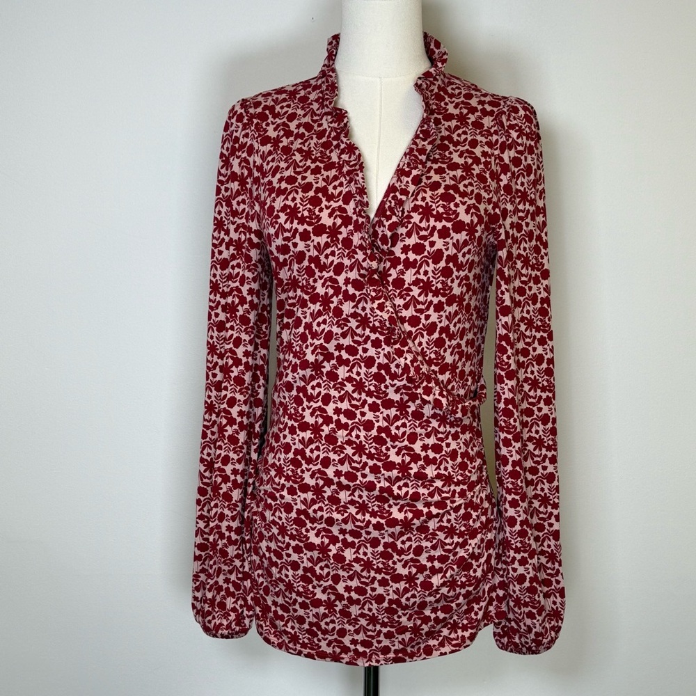 Boden Red Floral Wrap-Style Long Sleeve Top